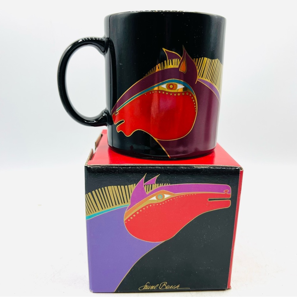 Laurel Burch Mug.  “Moroccan Horses”. Black w/purple orange gold. 12 oz